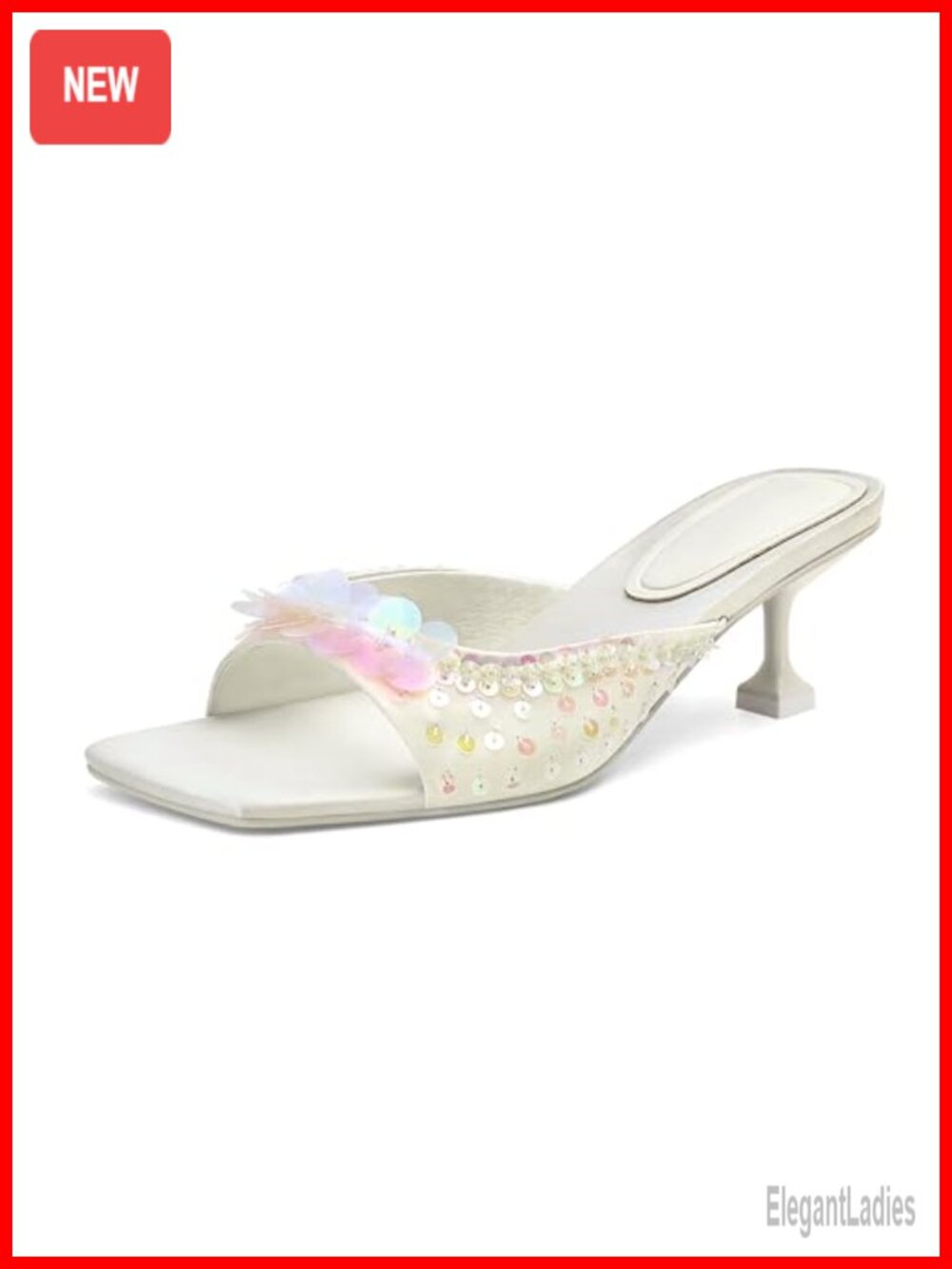 SOVANYOU Sequin Kitten Heel Mules Square Toe Open Toe Heeled Sandals Slip On